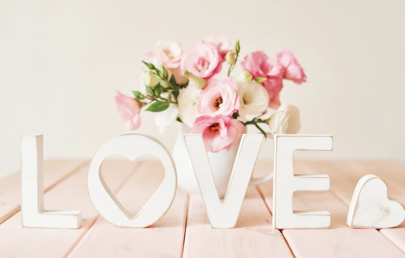 Photo wallpaper love, flowers, letters, heart, Love, bouquet, vase, heart
