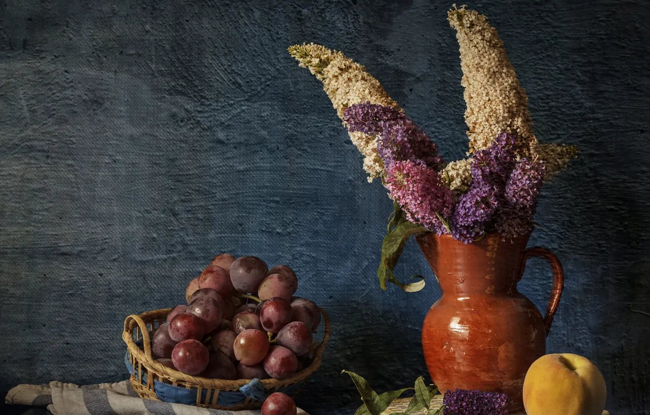 Photo wallpaper flowers, bouquet, grapes, still life, peaches