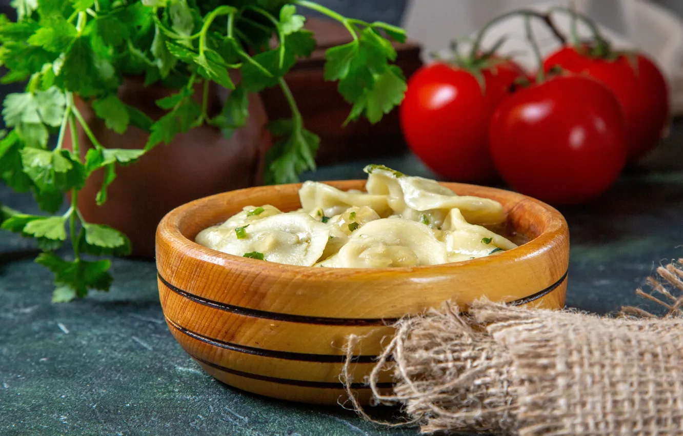 Photo wallpaper tomatoes, parsley, dumplings