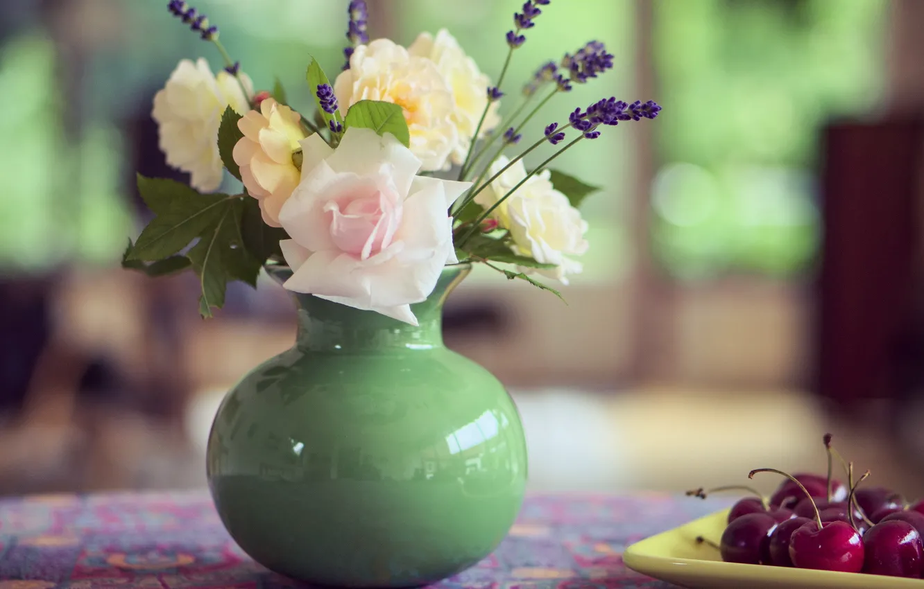 Photo wallpaper flowers, cherry, table, bouquet, vase, still life, summer