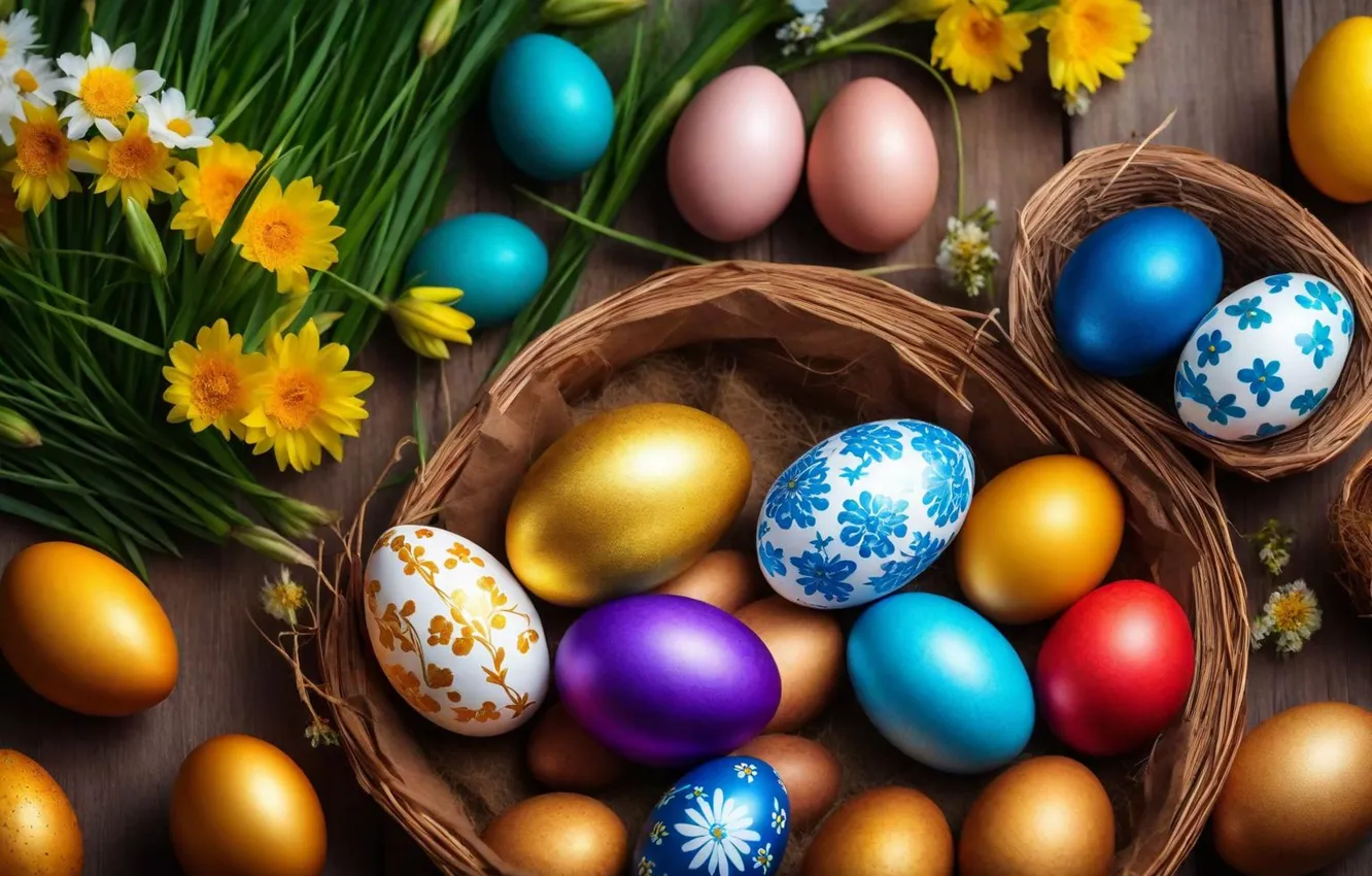 Photo wallpaper flowers, eggs, spring, colorful, Easter, flowers, spring, Easter