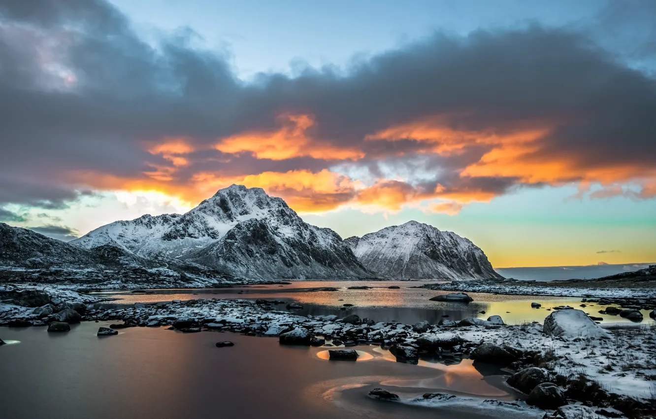 Photo wallpaper sunset, mountains, coast, Norway, Norwegian fishing village