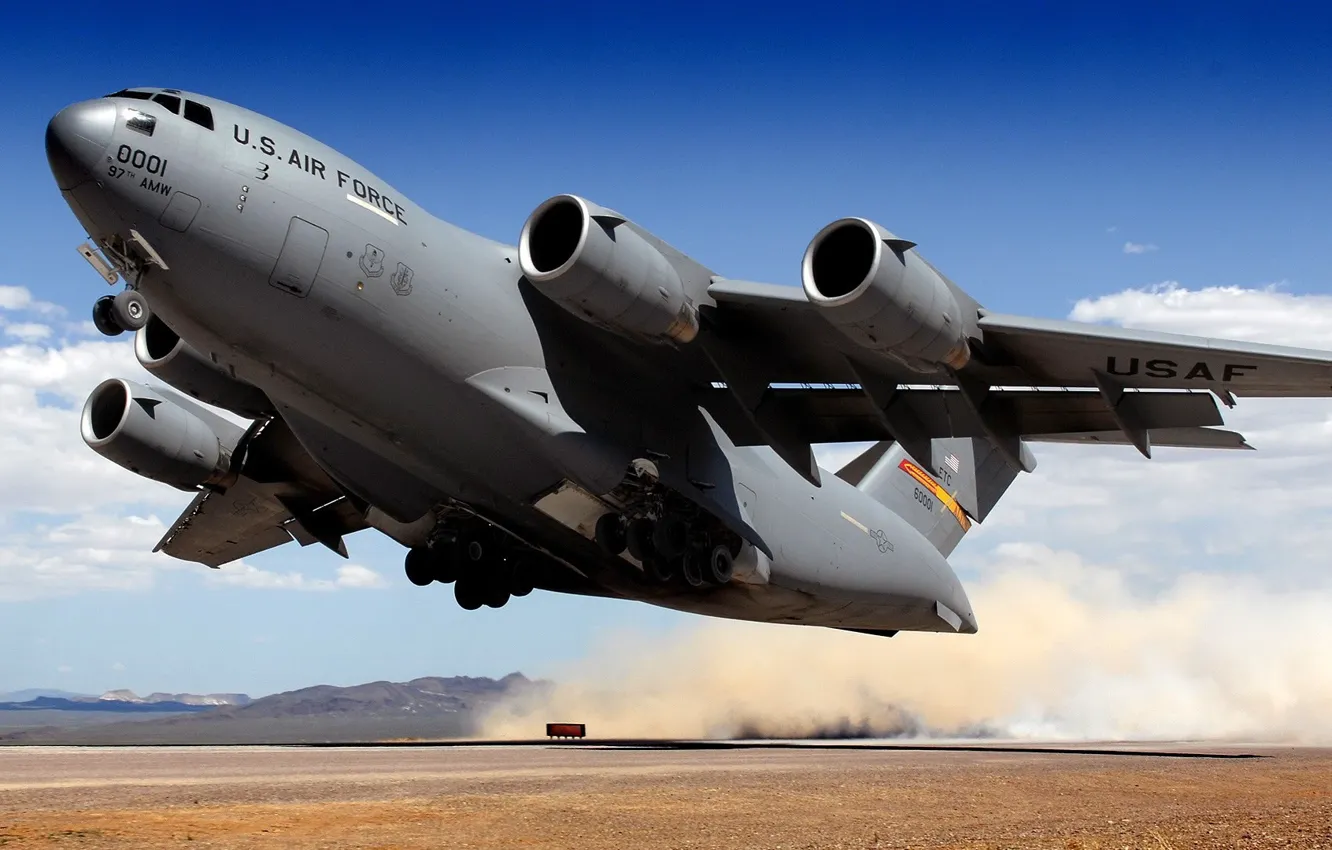 Photo wallpaper the plane, the rise, military, freighter, C-17 Globemaster