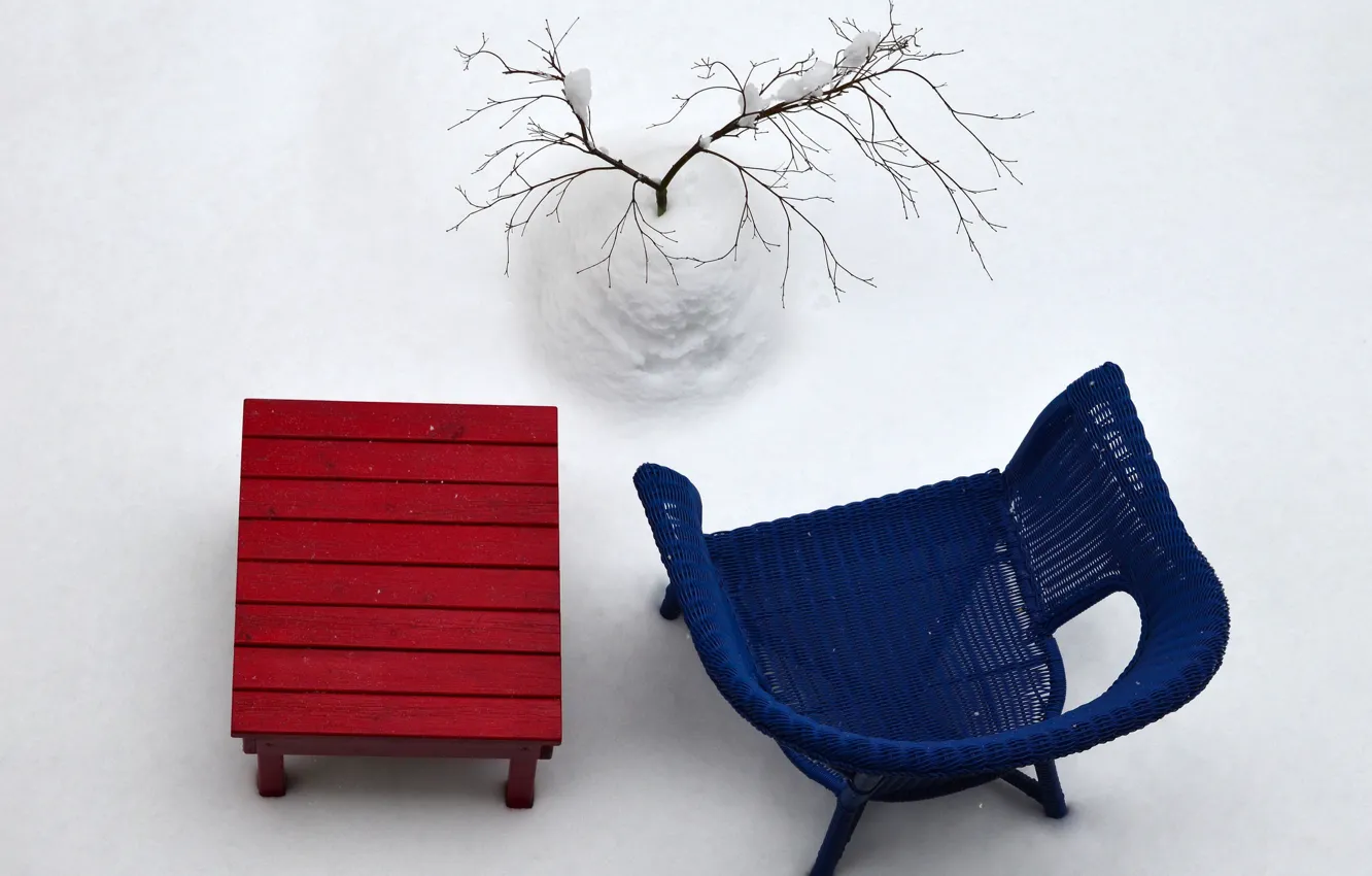 Photo wallpaper winter, snow, table, tree, chair