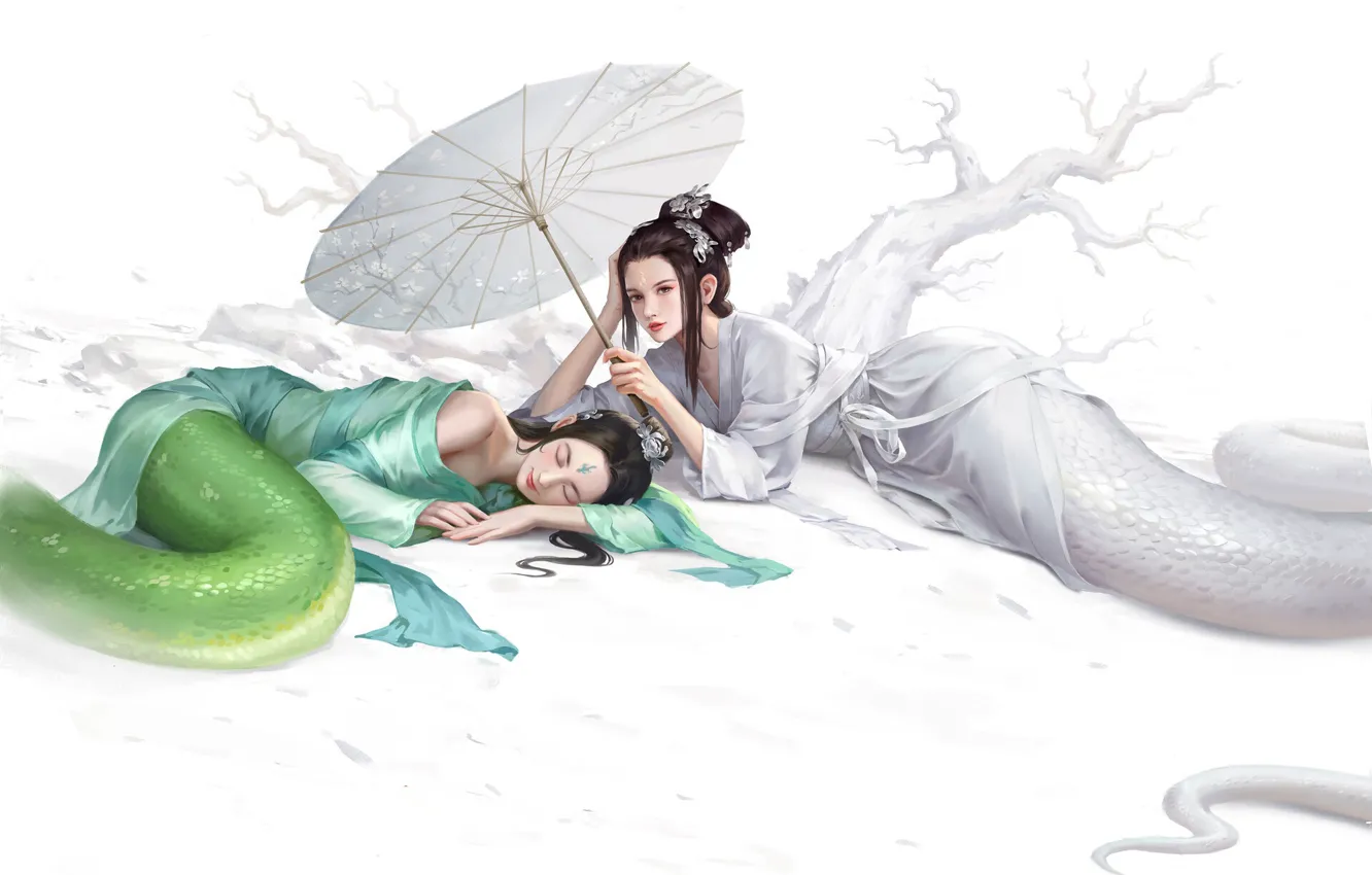 Photo wallpaper white, girl, umbrella, background, fiction, snake, being, dress