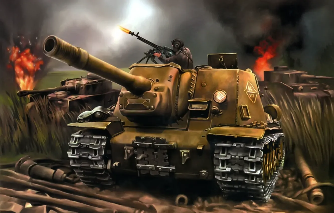 Photo wallpaper army, art, base, tank, the battle, weapons, installation, WWII