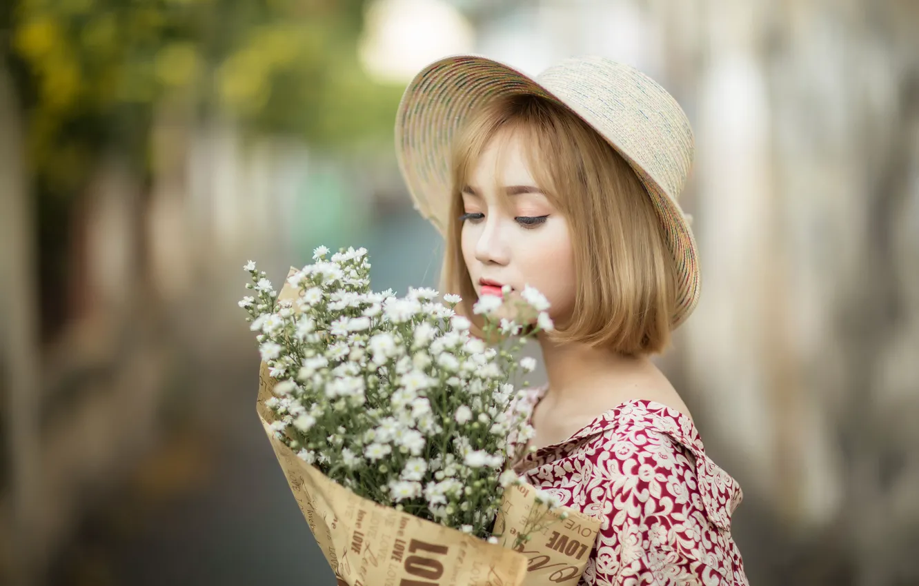 Photo wallpaper flowers, mood, bouquet, hat, Asian, chrysanthemum, bokeh