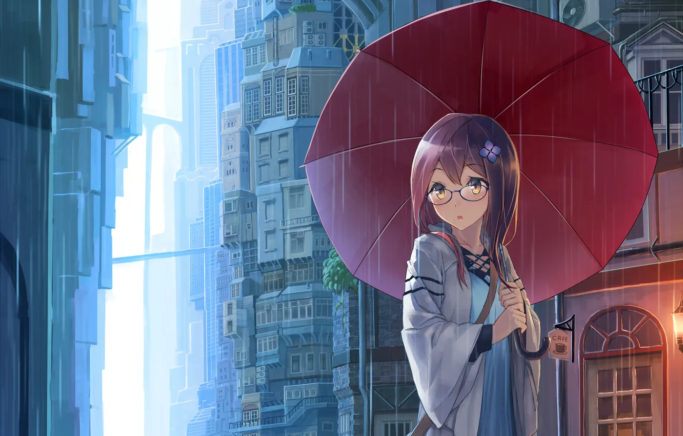 Photo wallpaper look, girl, flowers, the city, rain, umbrella, glasses, cafe