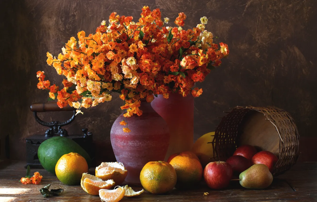 Photo wallpaper flowers, apples, bouquet, pear, tangerines, avocado