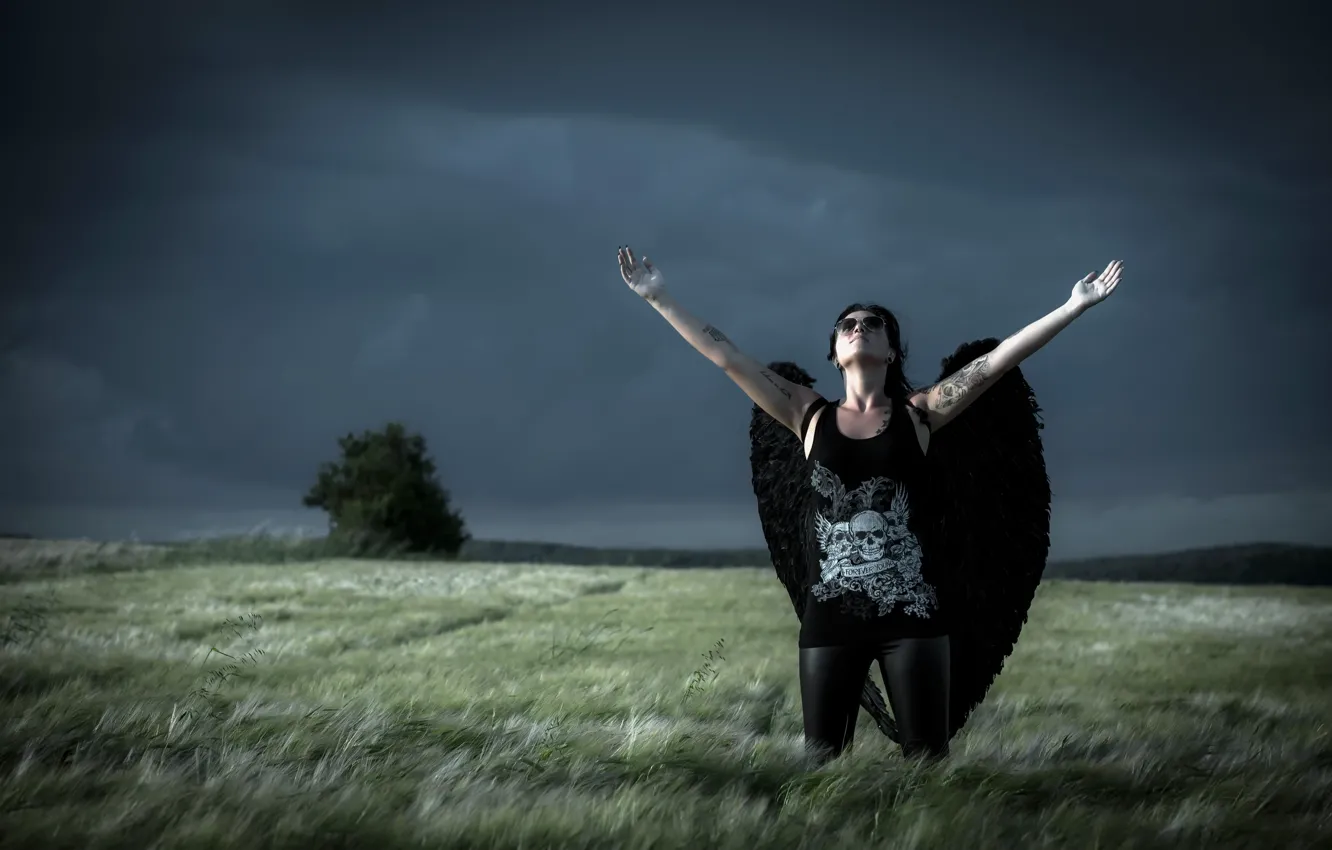 Photo wallpaper field, girl, clouds, angel