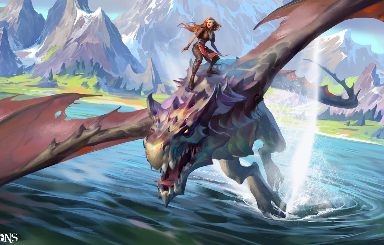 Photo wallpaper girl, fantasy, landscape, flying, wings, mountains, lake, dragon