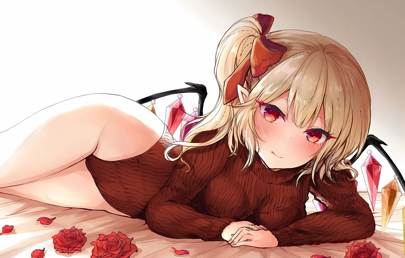 Photo wallpaper girl, sexy, bodysuit, long hair, touhou, anime, wings, flowers