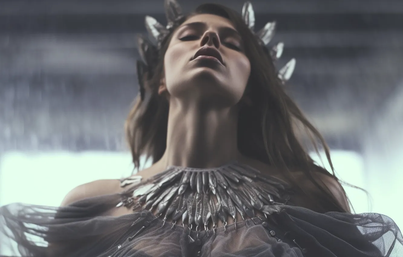 Photo wallpaper roof, chest, girl, light, decoration, pose, rain, portrait