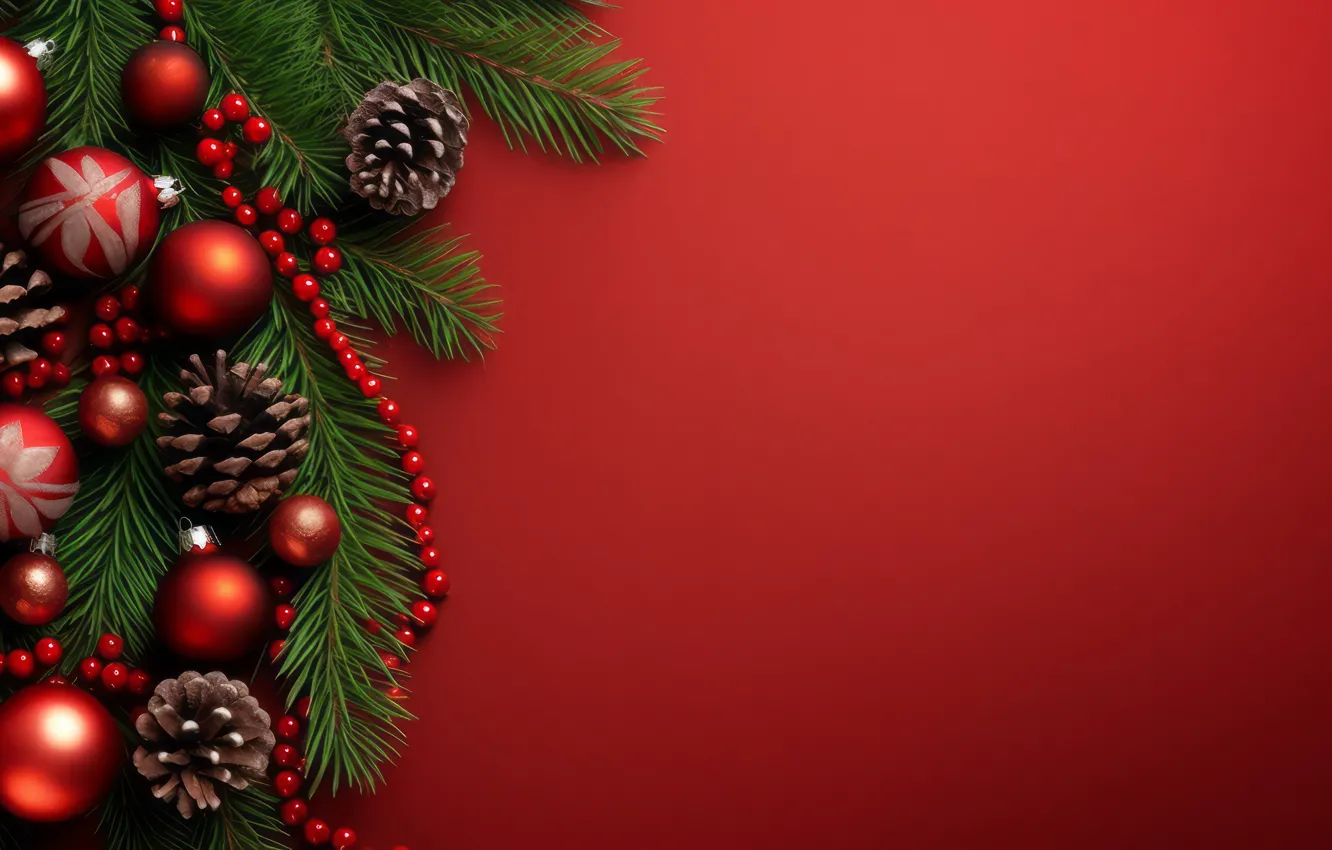 Photo wallpaper balls, branches, red, new year, Christmas, needles, bumps, red background