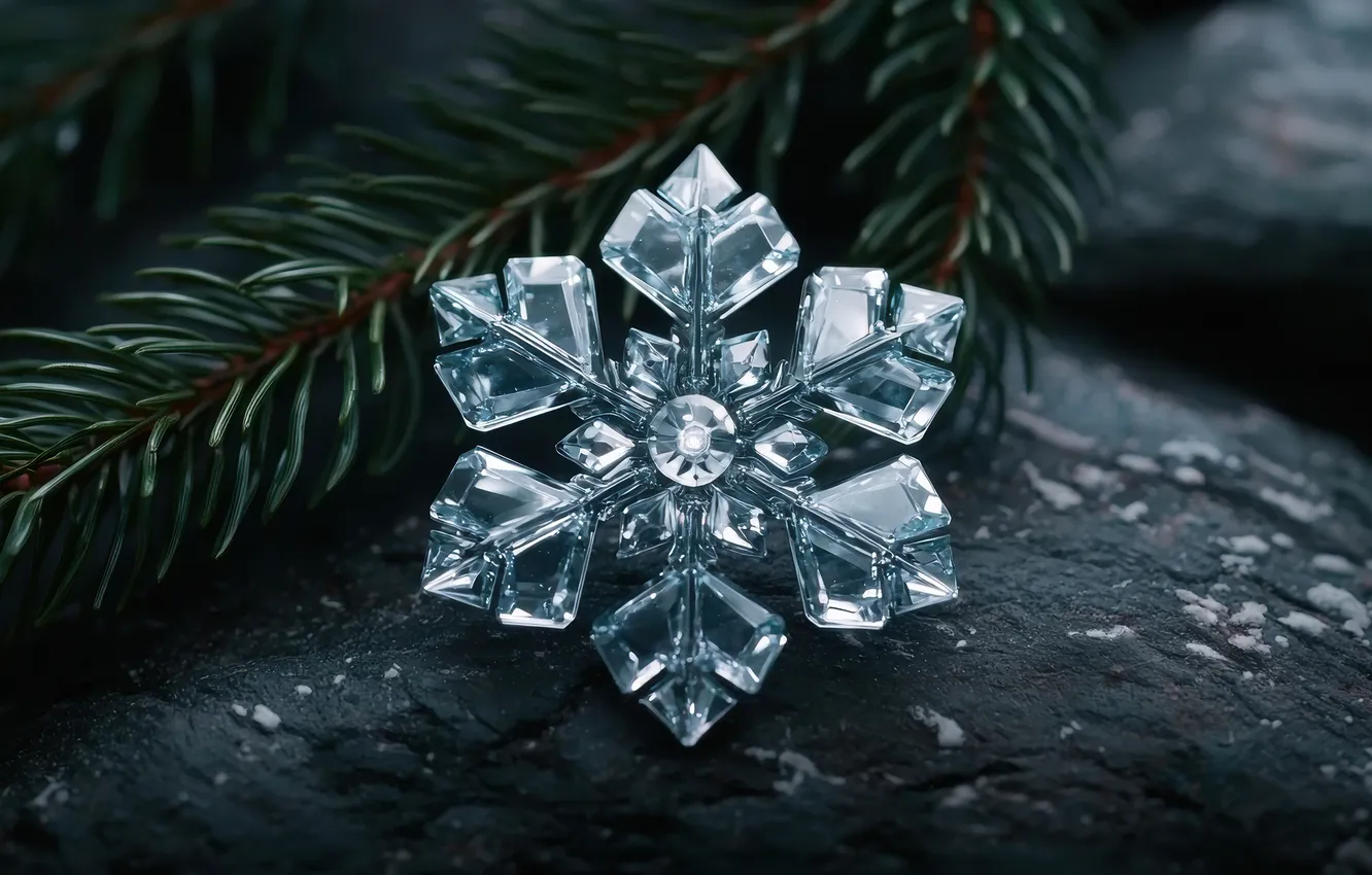 Photo wallpaper snowflakes, branches, the dark background, stones, toy, new year, Christmas, needles