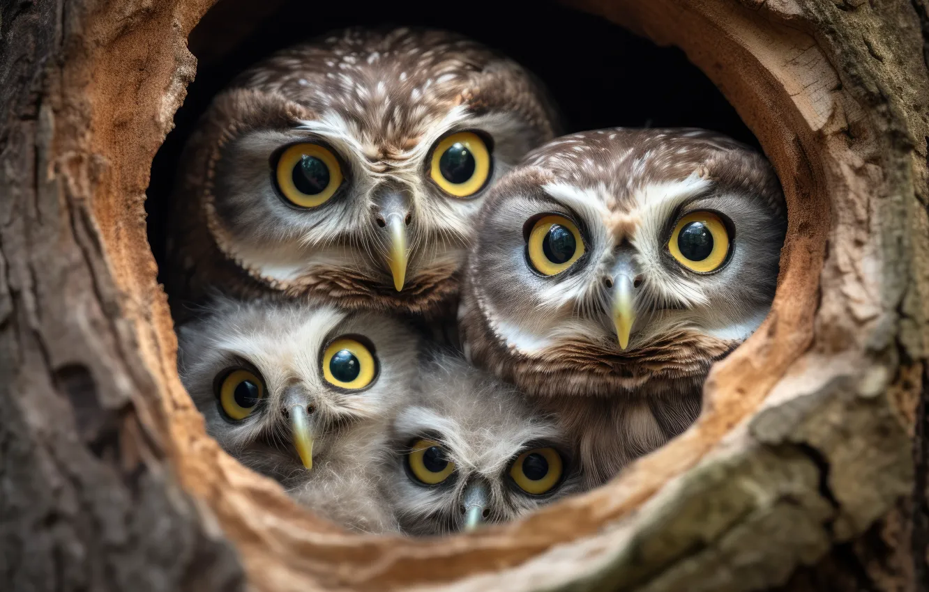 Photo wallpaper look, owl, bird, the hollow, owlet, AI art, neural network