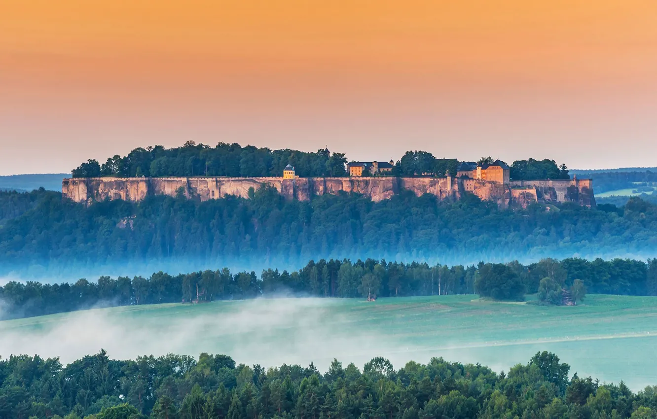 Photo wallpaper mountains, Germany, haze, Königstein Fortress