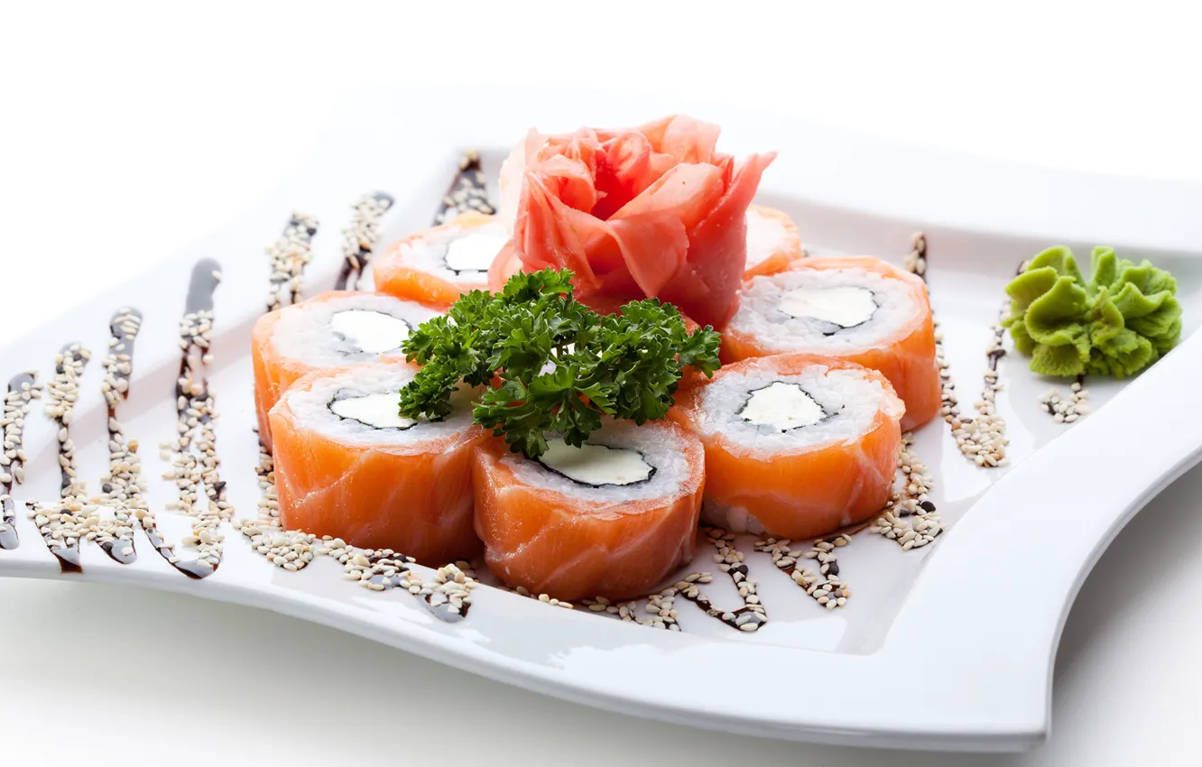 Photo wallpaper fish, rolls, seafood, wasabi, ginger, serving