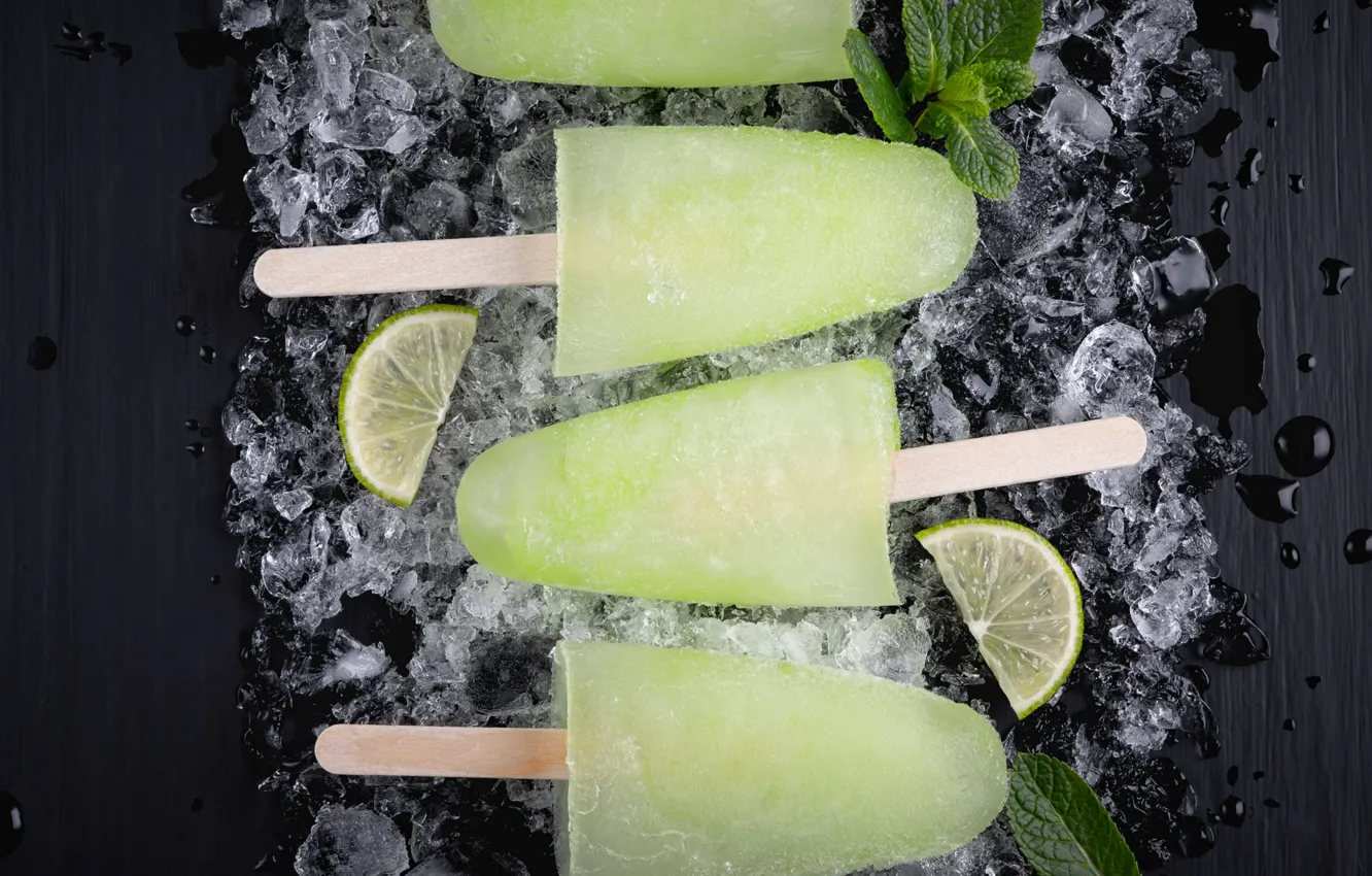 Photo wallpaper ice, drops, the dark background, ice cream, lime, slices, fruit ice