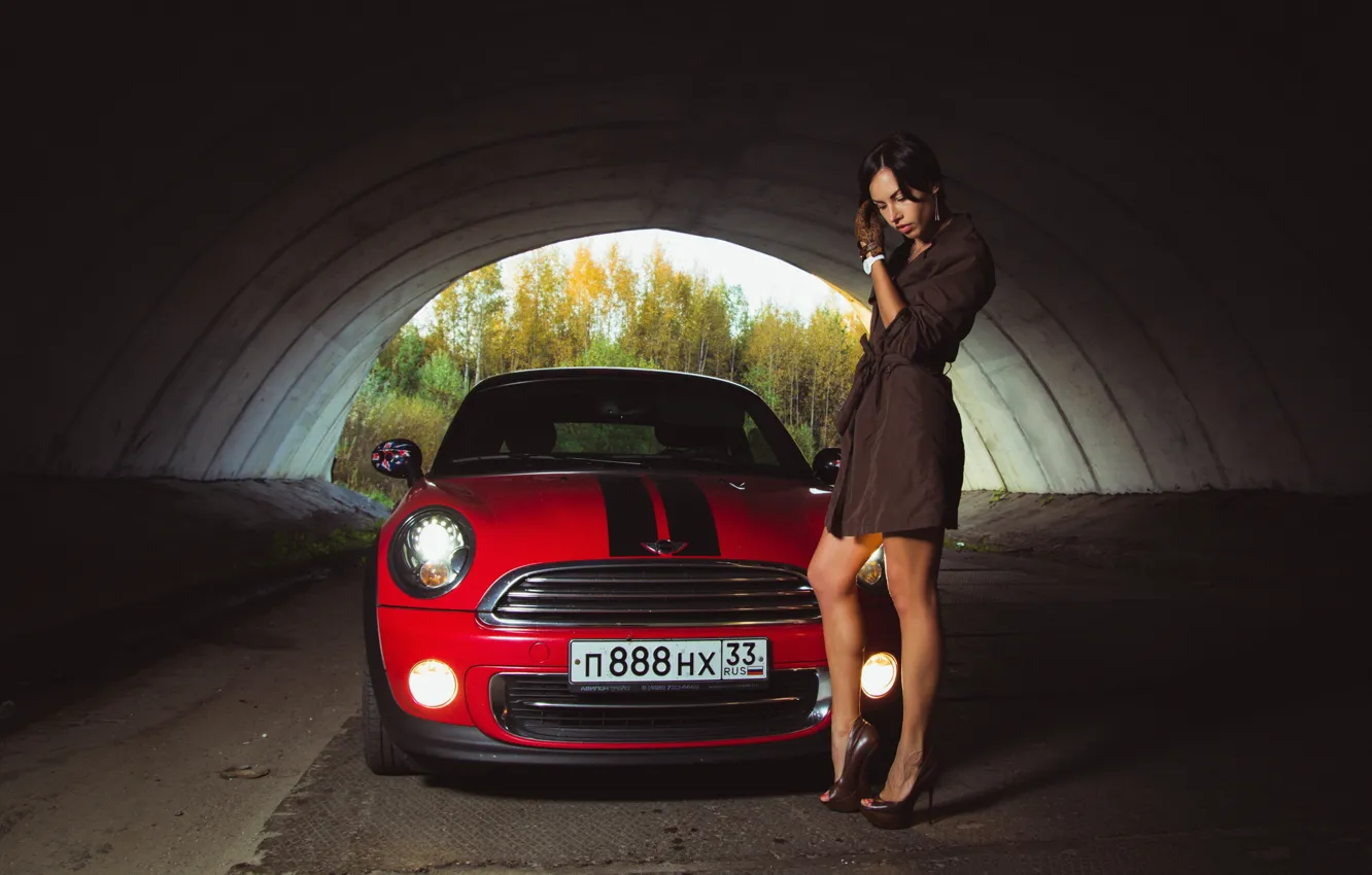 Photo wallpaper machine, auto, girl, pose, Mini, the tunnel, legs, cloak