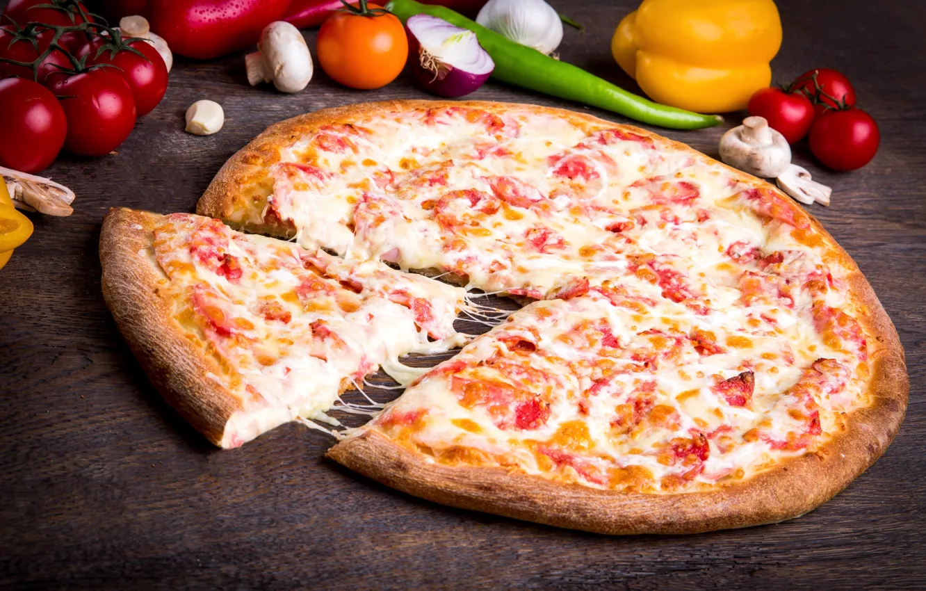 Photo wallpaper cheese, pepper, vegetables, pizza, tomato, piece