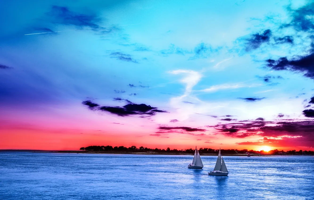 Photo wallpaper sea, the sky, sunset, boats, Sky, sea, Boats, Sunrises