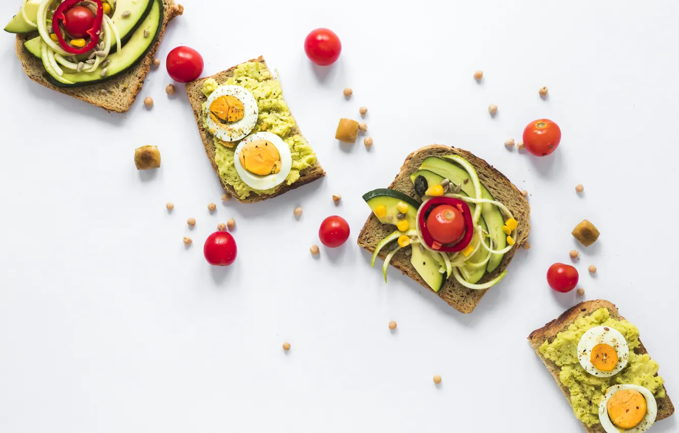 Photo wallpaper bread, toast, sandwiches, egg, avocado, tomatoes-cherry