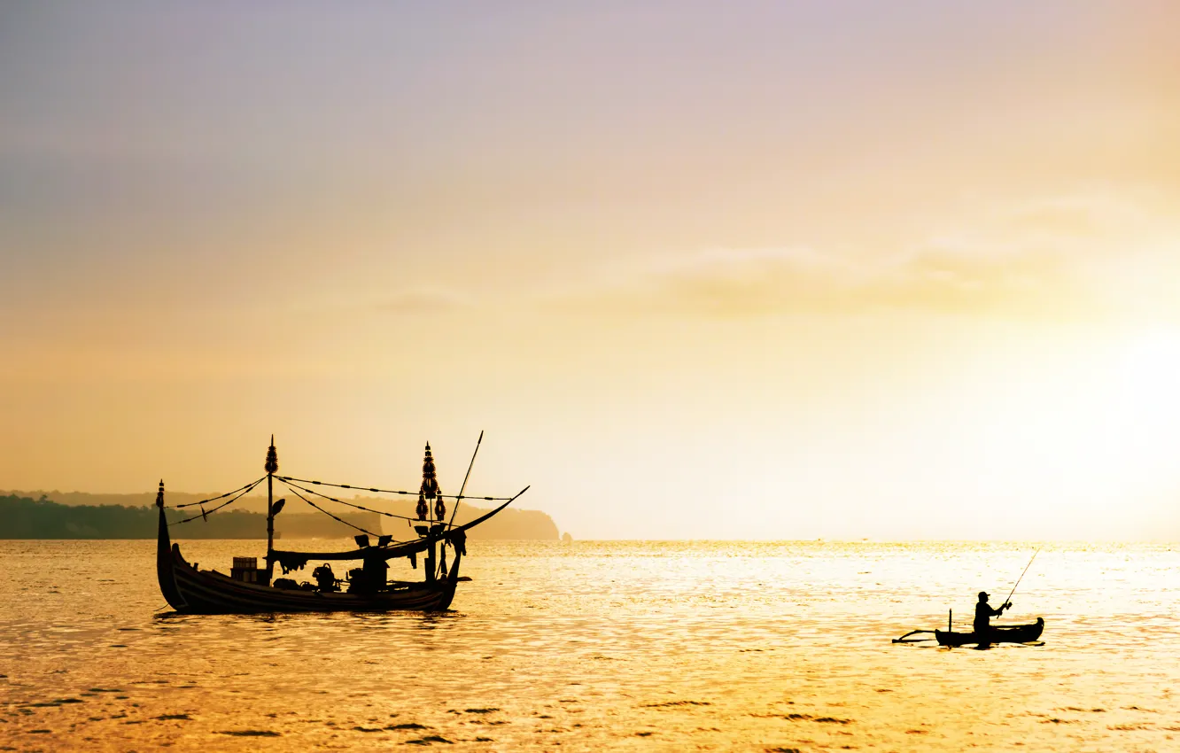 Photo wallpaper boat, fisherman, morning, Laguna