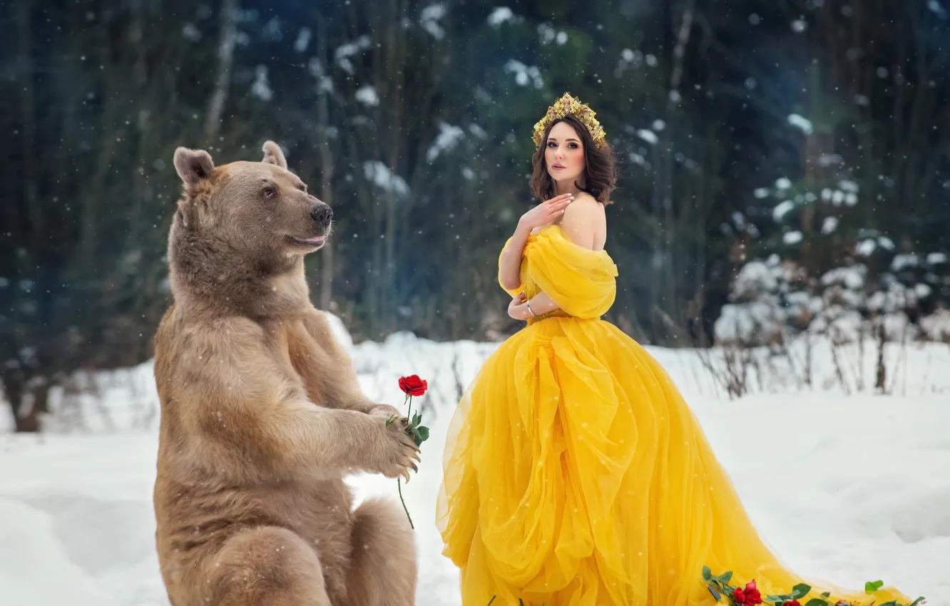 Photo wallpaper winter, forest, look, girl, snow, flowers, nature, pose