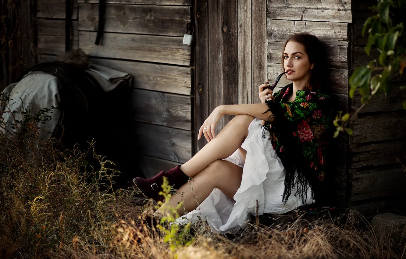 Photo wallpaper Girl, shawl, Smoking pipe, Ann Nevreva