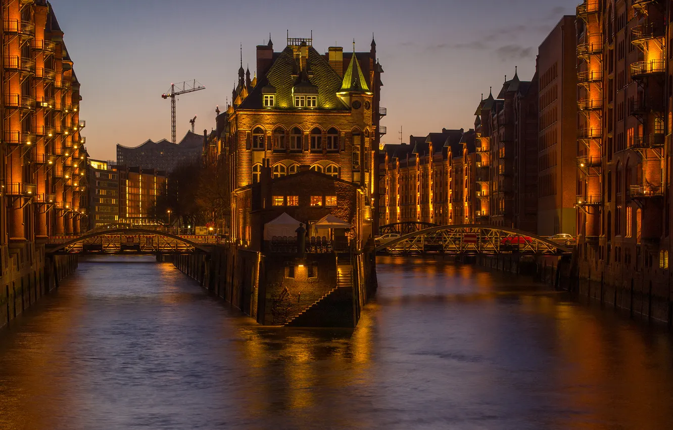 Photo wallpaper bridge, home, the evening, Germany, channel, Hamburg