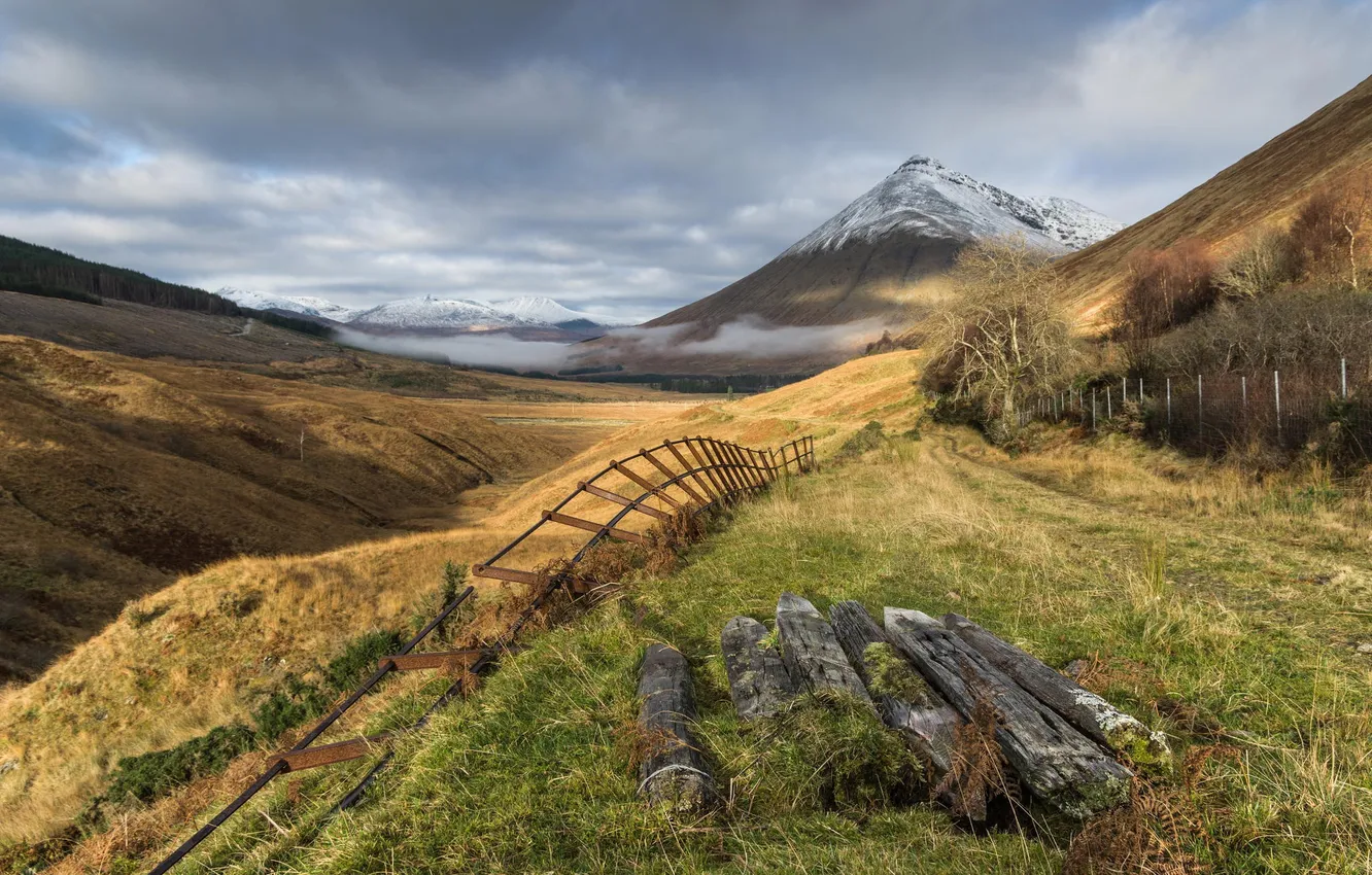 Photo wallpaper mountains, nature, the fence, valley