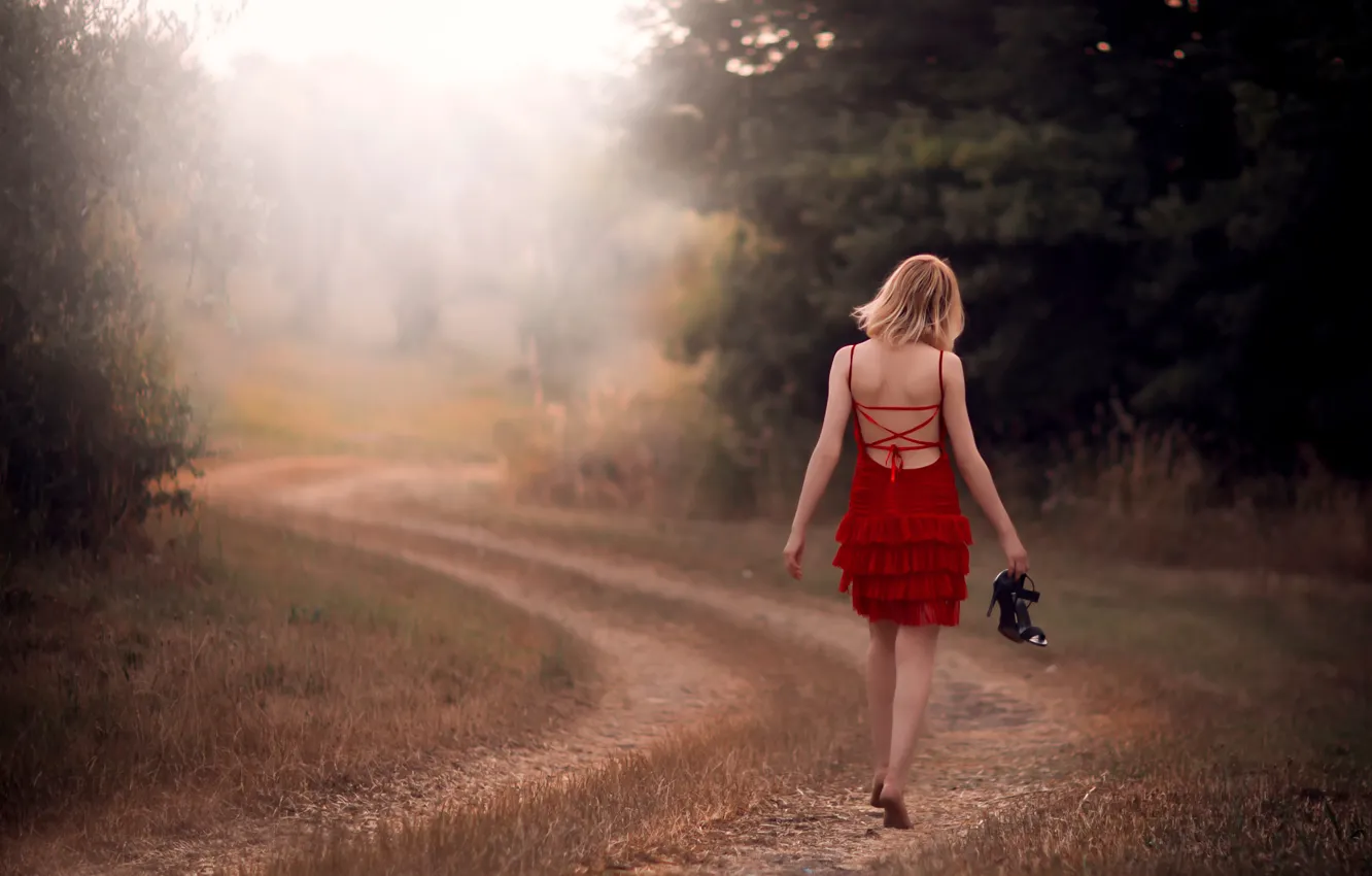 Photo wallpaper road, field, girl, the way, in red, barefoot