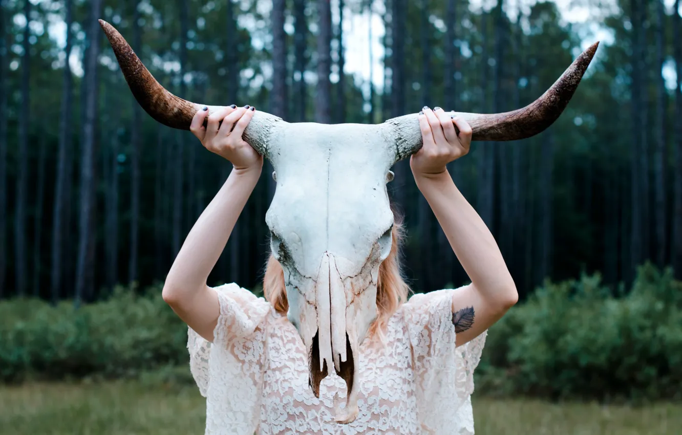 Photo wallpaper forest, girl, skull
