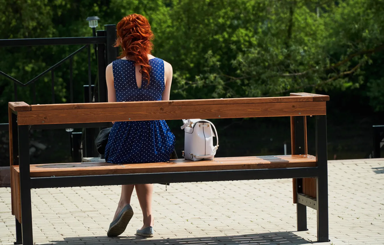 Photo wallpaper Park, red, bench, back, girl, summer, bag, dress