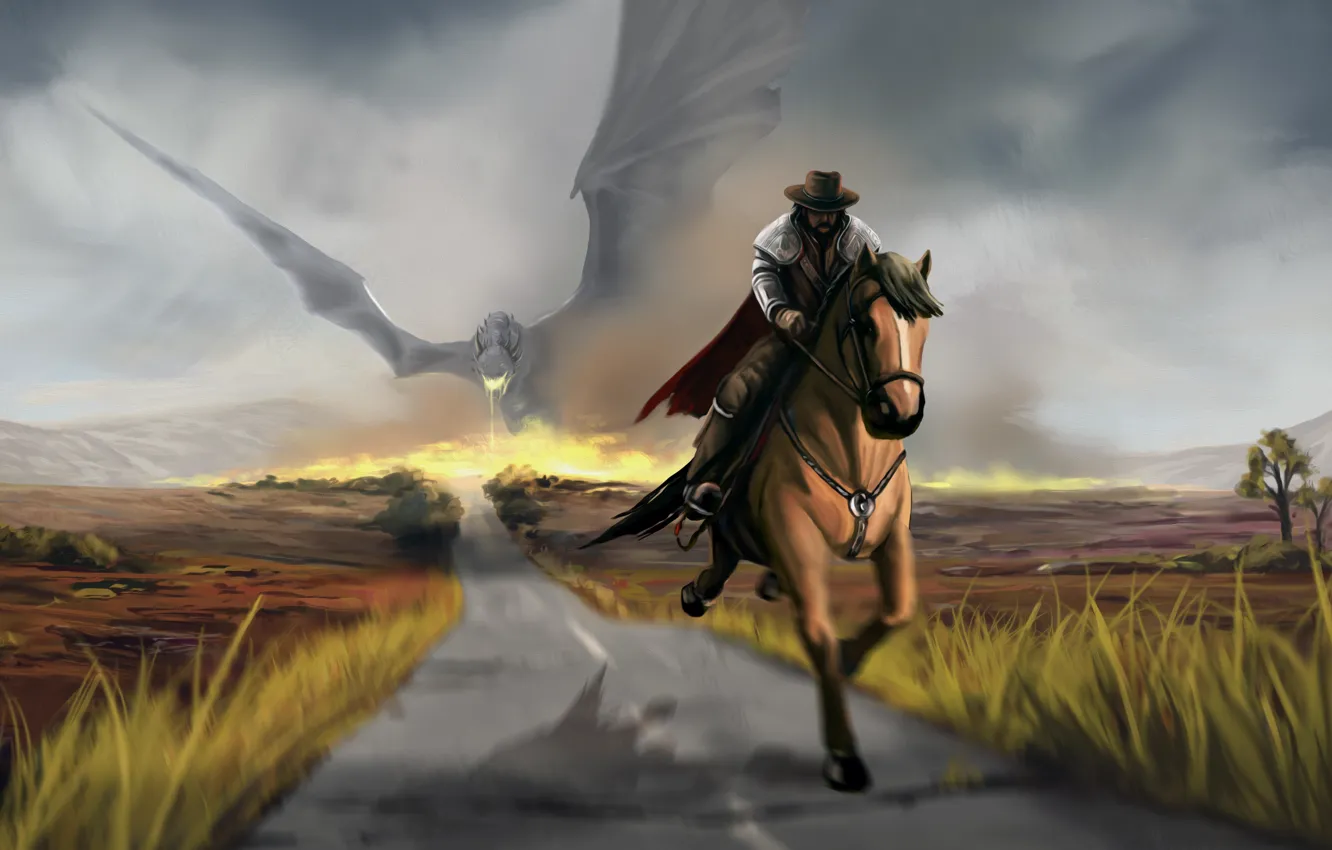 Photo wallpaper road, horse, fantastic. art, dragon. wings, jump. cowboy. rider