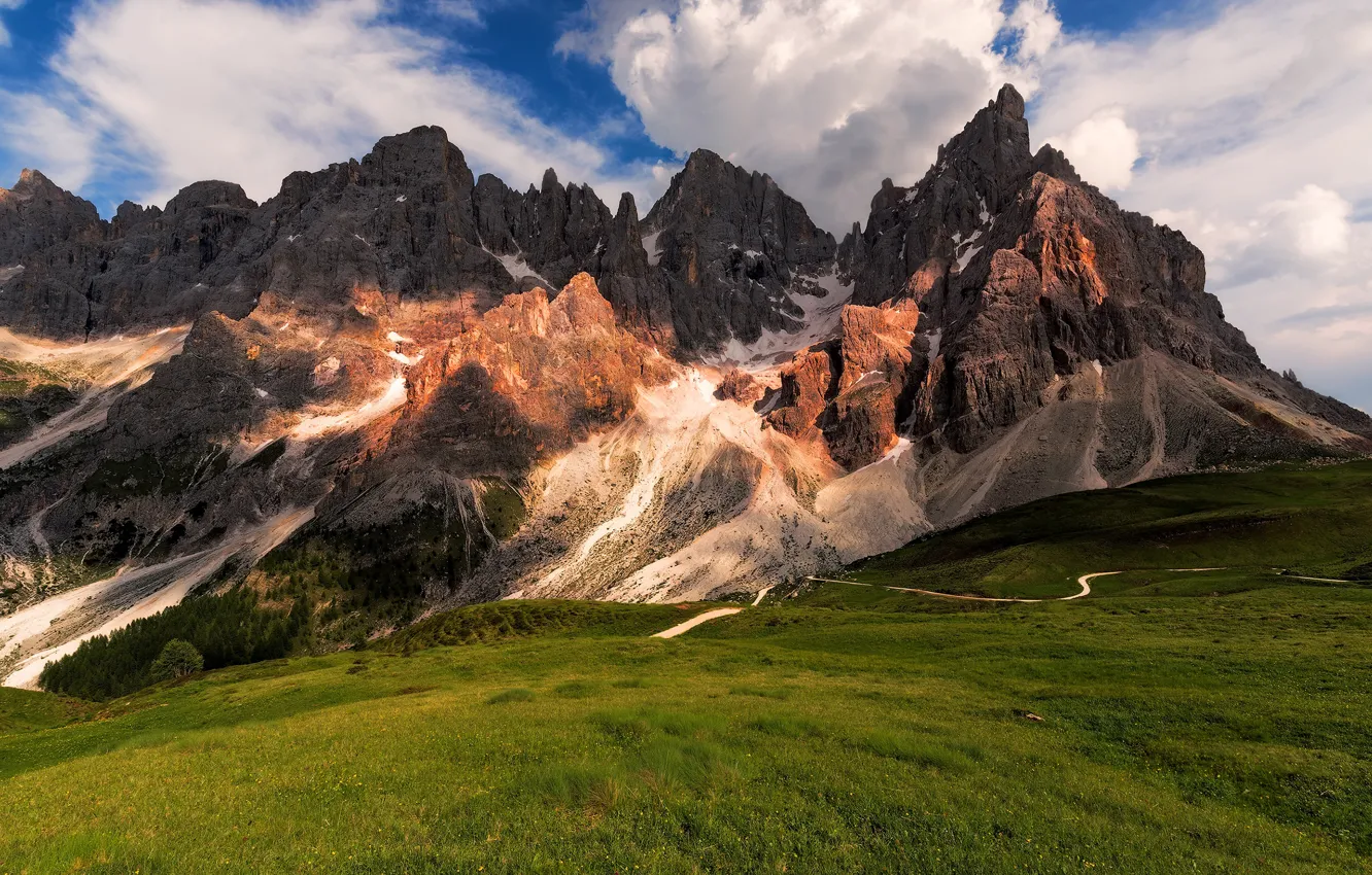 Photo wallpaper road, forest, summer, the sky, clouds, light, landscape, mountains