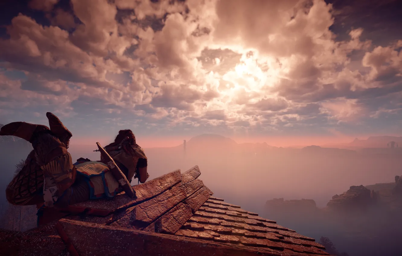Photo wallpaper the sky, girl, trees, mountains, bow, hunter, horizon, Sony Computer Entertainment