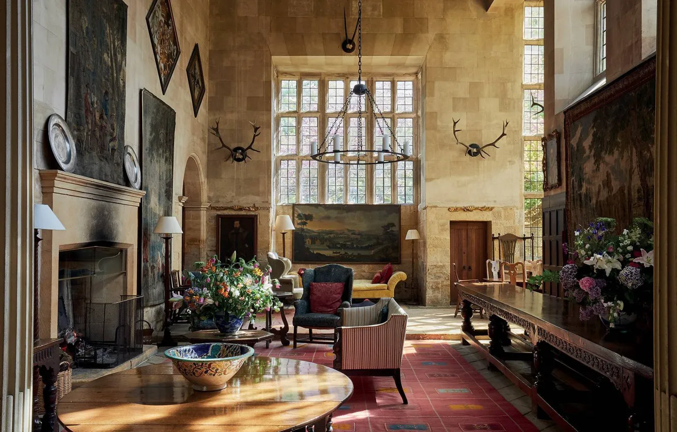 Photo wallpaper castle, interior, fireplace, living room, House in Cotswolds