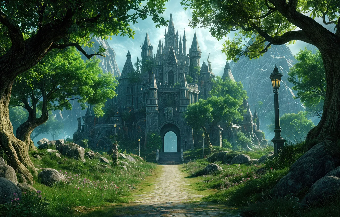 Photo wallpaper castle, fiction, path, AI art, neural network