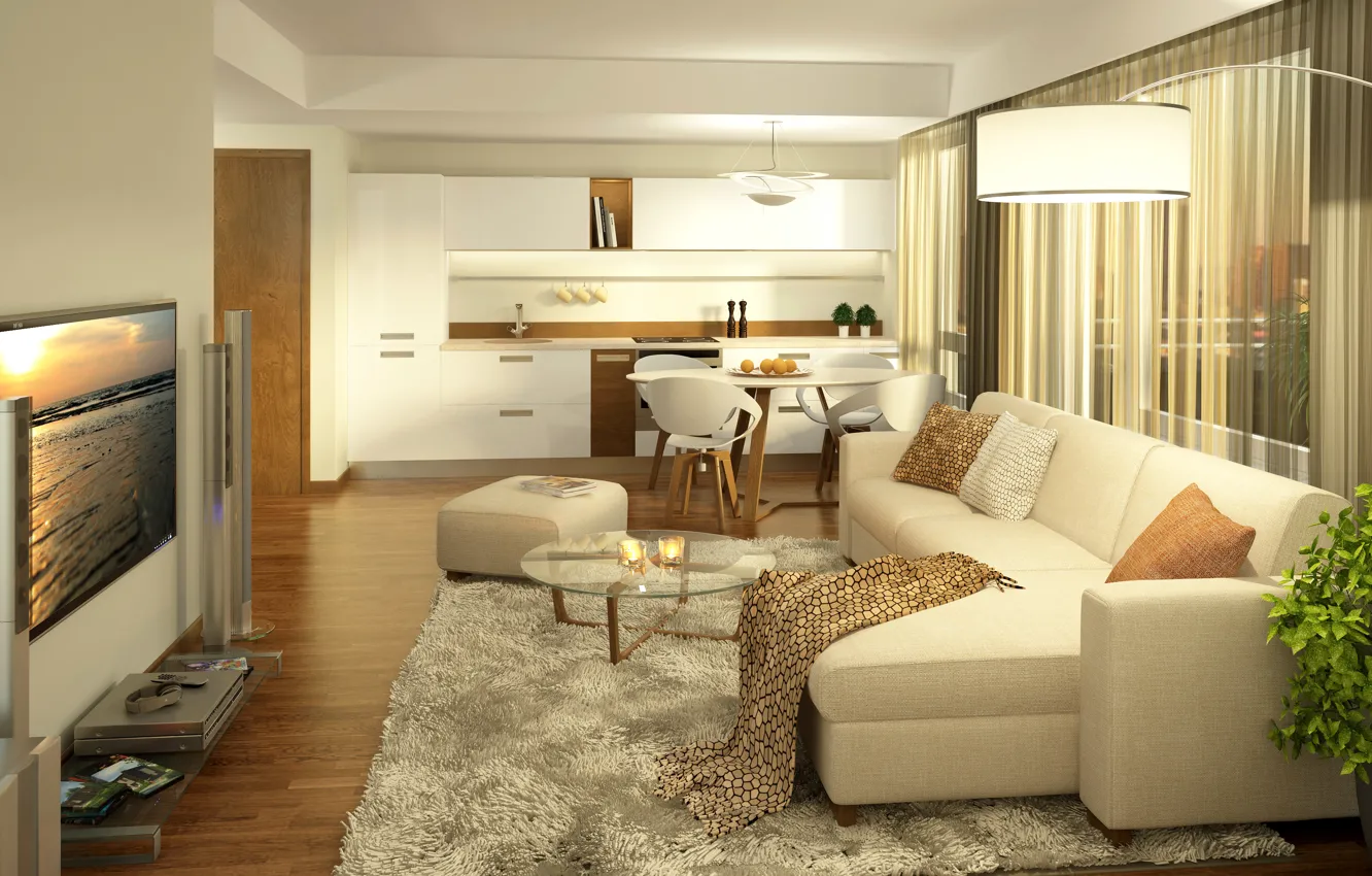 Photo wallpaper sofa, furniture, TV, kitchen, lamp, mansion, design, living room