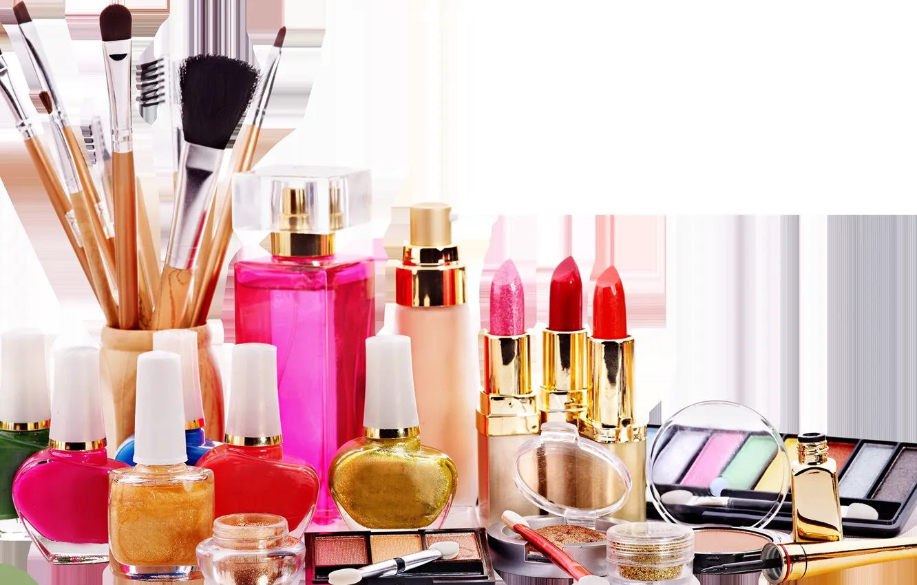 Photo wallpaper perfume, lipstick, shadows, brush, cosmetics, lacquer