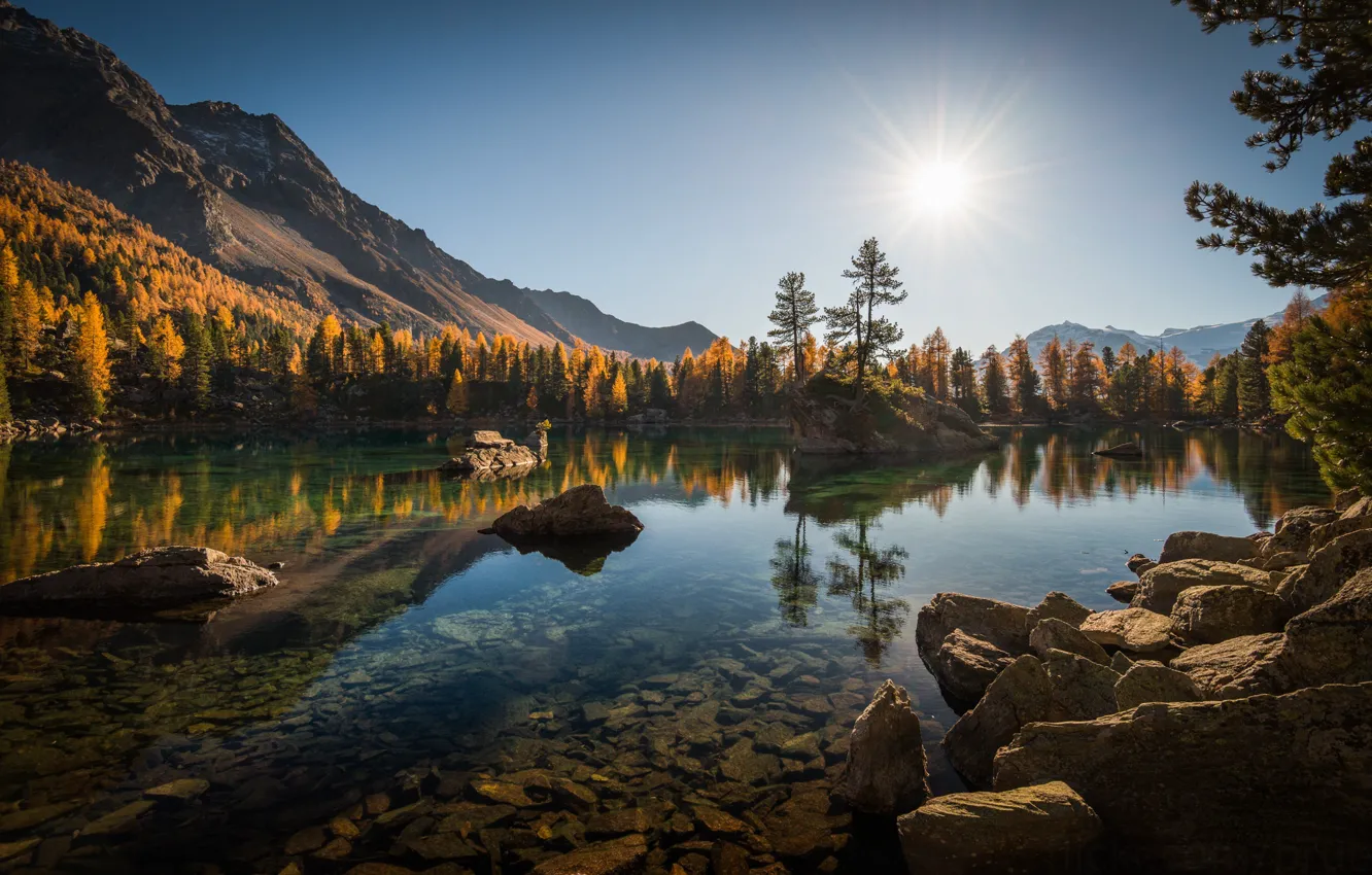 Photo wallpaper autumn, forest, trees, mountains, lake, reflection, stones, Switzerland