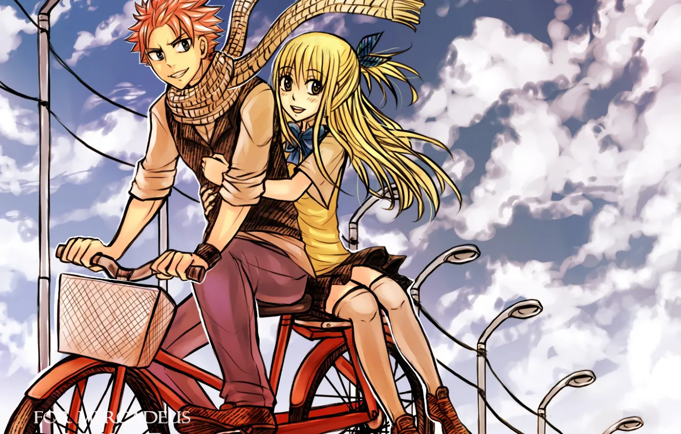 Photo wallpaper love, bike, anime, art, pair, fairy tail, Lucy, Natsu Dragneel