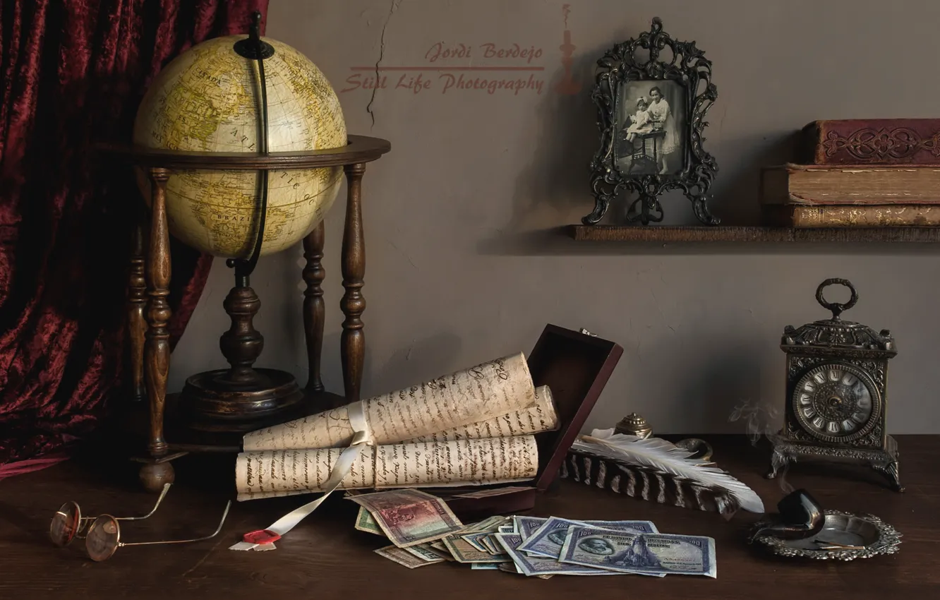 Photo wallpaper photo, watch, money, tube, feathers, glasses, book, still life