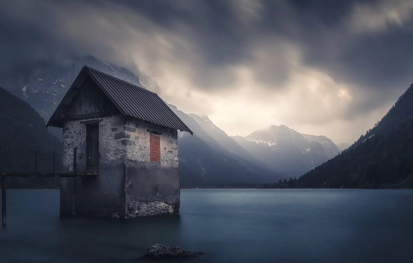 Photo wallpaper mountains, lake, house