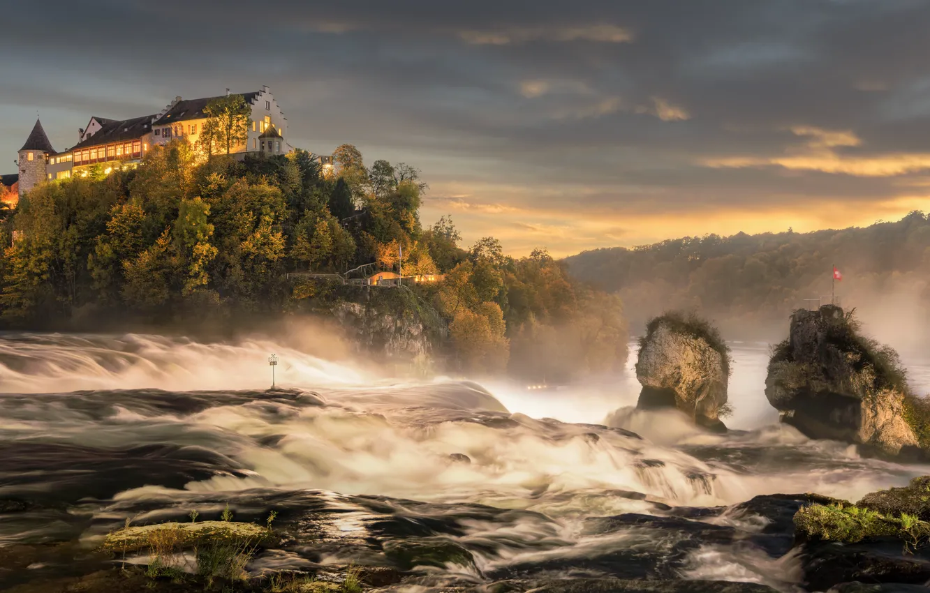 Photo wallpaper landscape, nature, river, castle, rocks, waterfall, Switzerland, Rhine