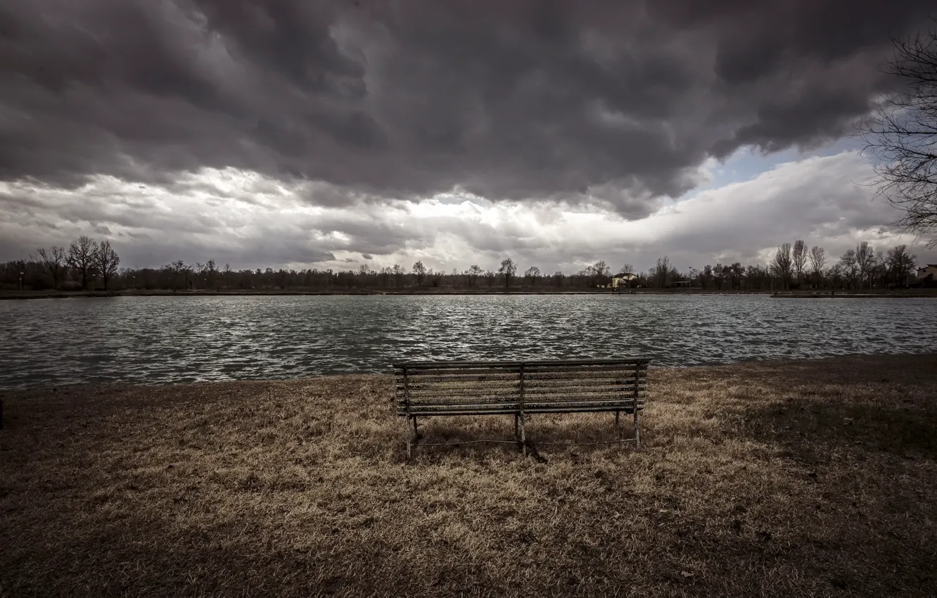 Photo wallpaper clouds, river, bench