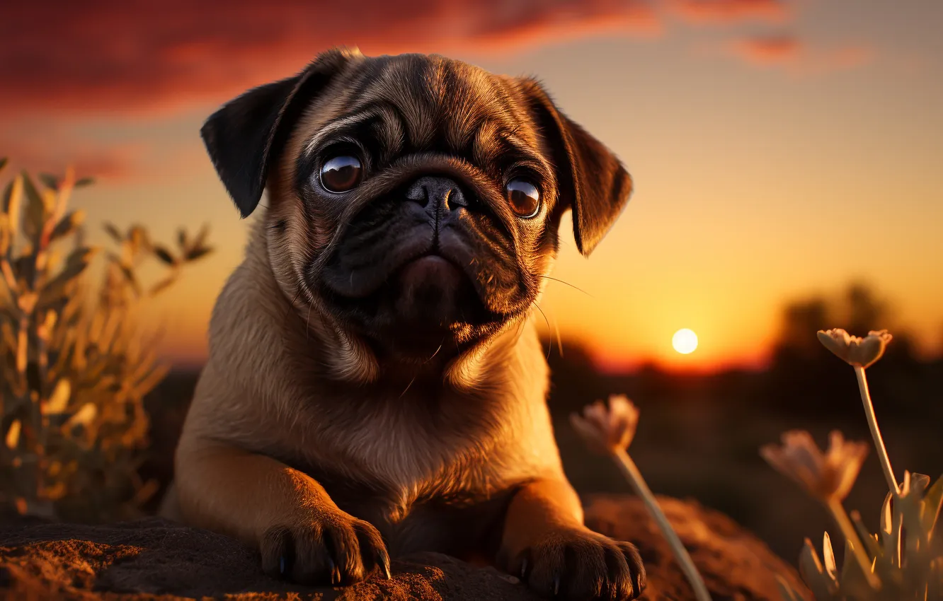 Photo wallpaper look, face, dawn, dog, pug, front, digital art, AI art
