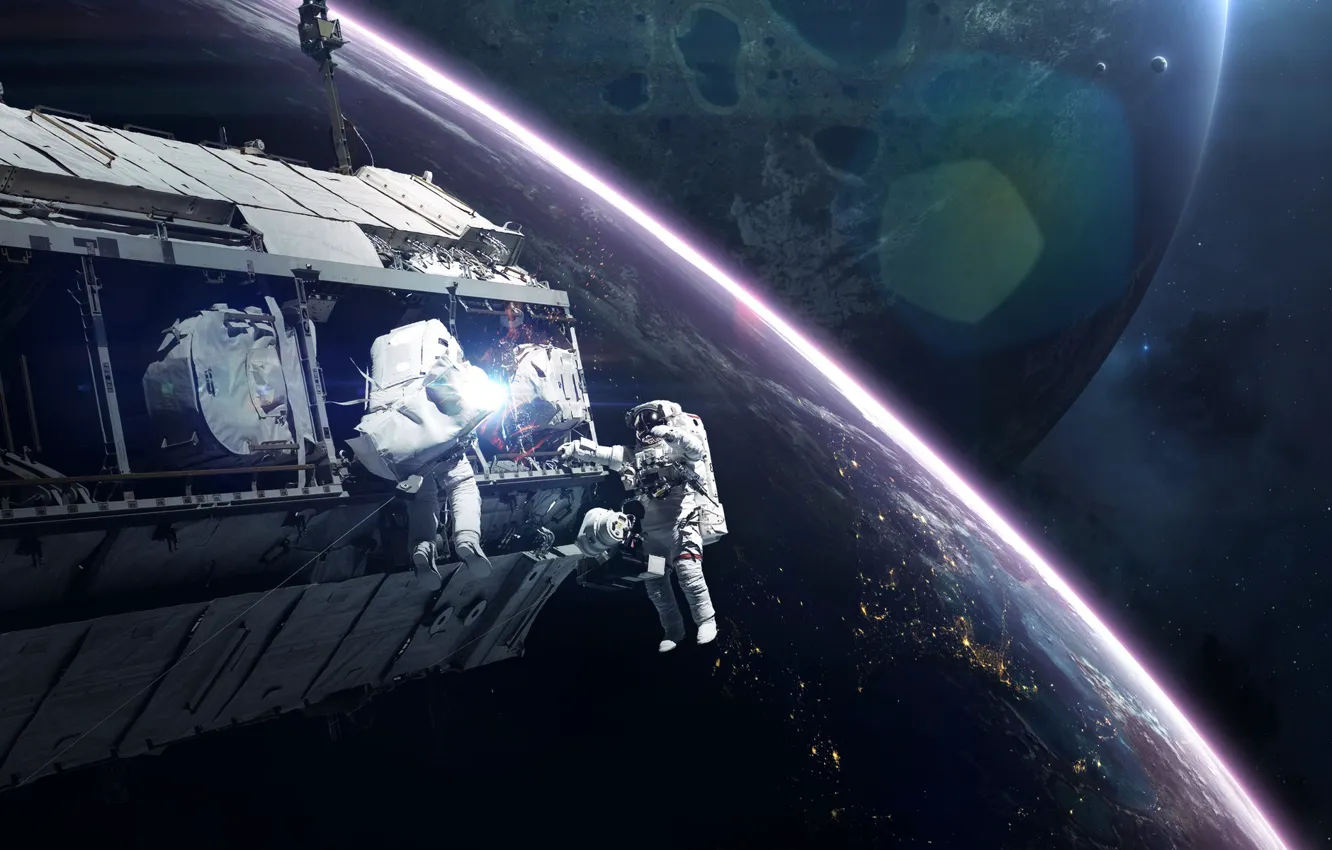 Photo wallpaper space, space, glare, work, people, ship, planet, satellite